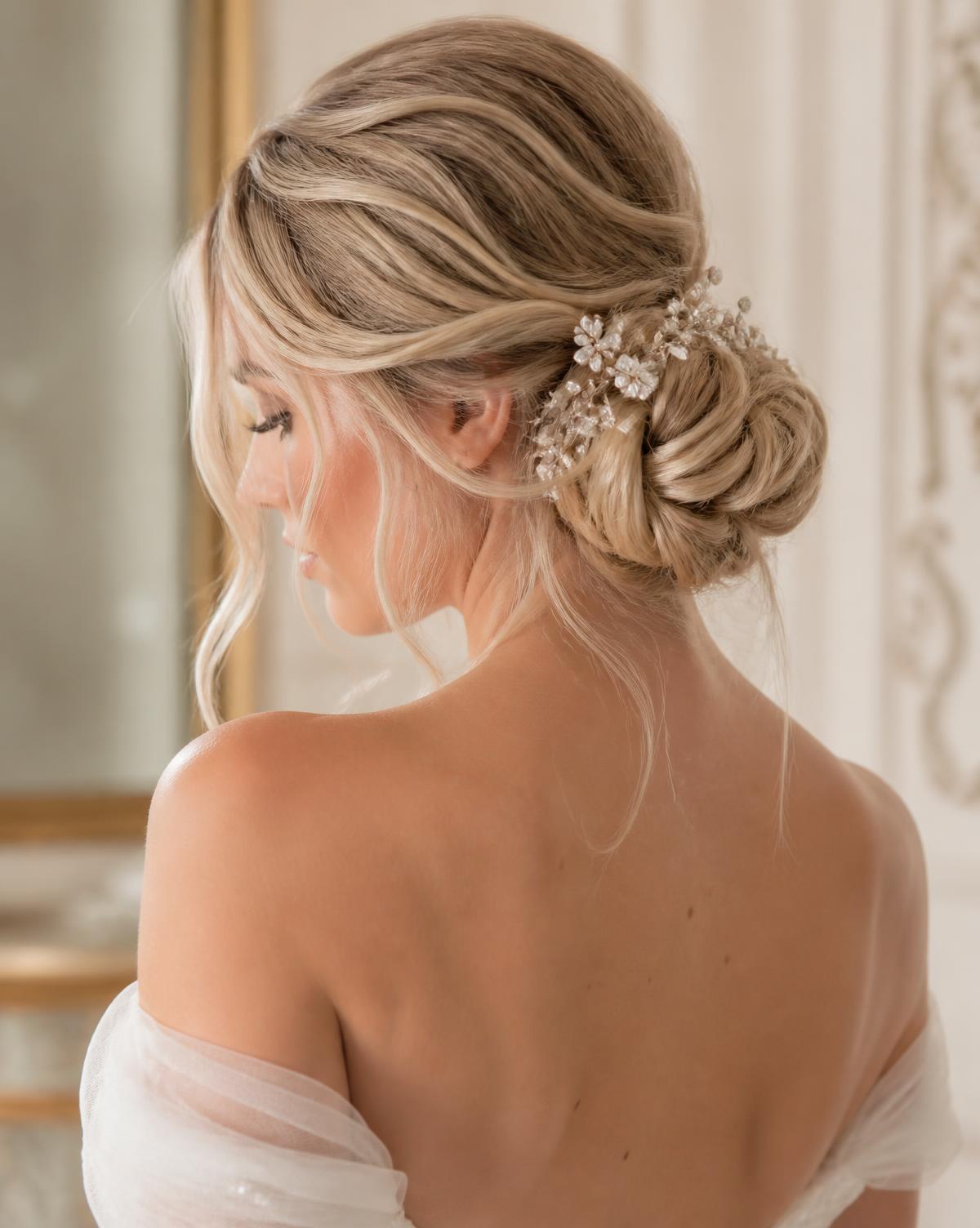 Soft bridal chignon with fine pins