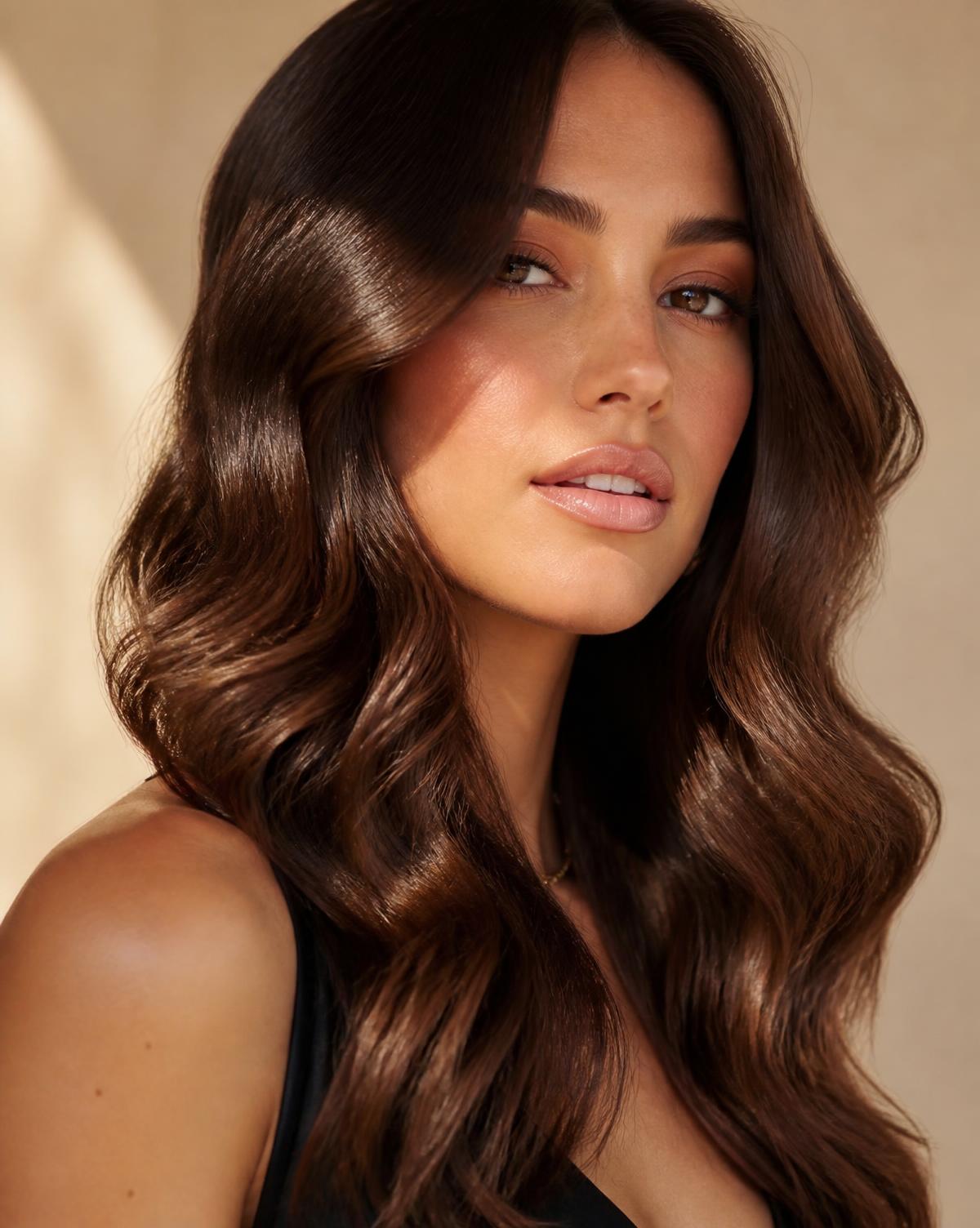 Glossy brunette waves after a signature cut and finish