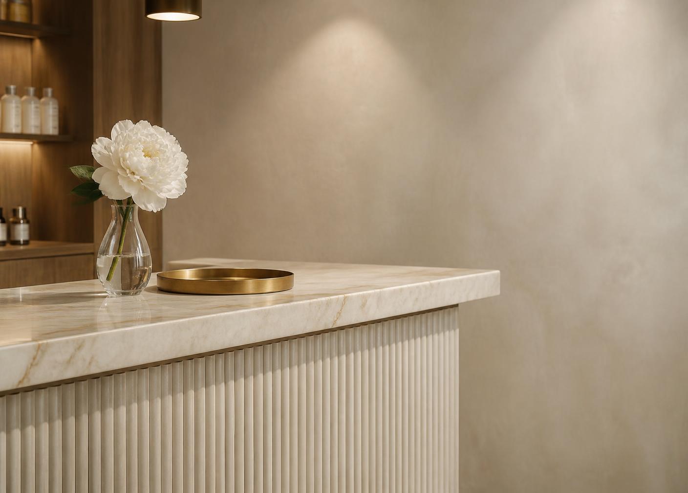 Marble reception counter with a brass tray and a single white peony